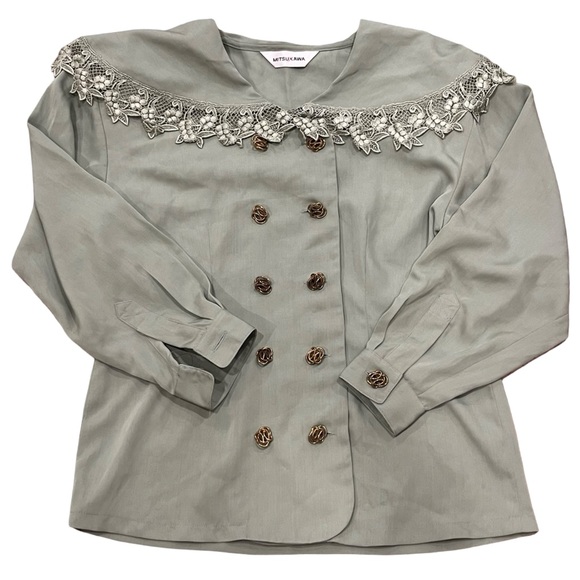 Vintage Elegant Oversized Peter Pan Bib Collar Green Double-Breasted Lace Top - Picture 3 of 8